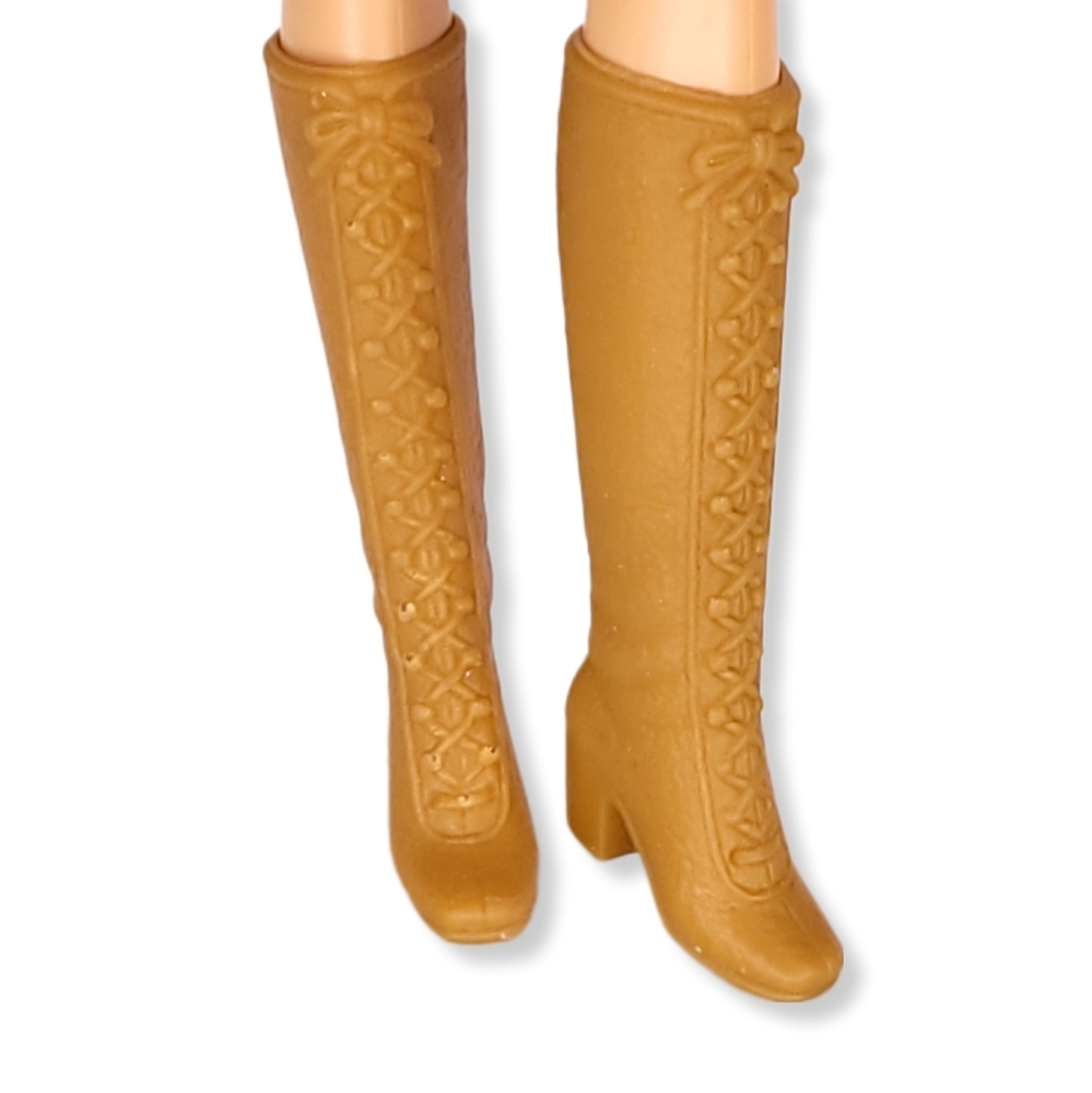 Barbie 70s Boots Tan Knee High Heels MOD Laced Squishy Soft Rubber Vtg Korea
